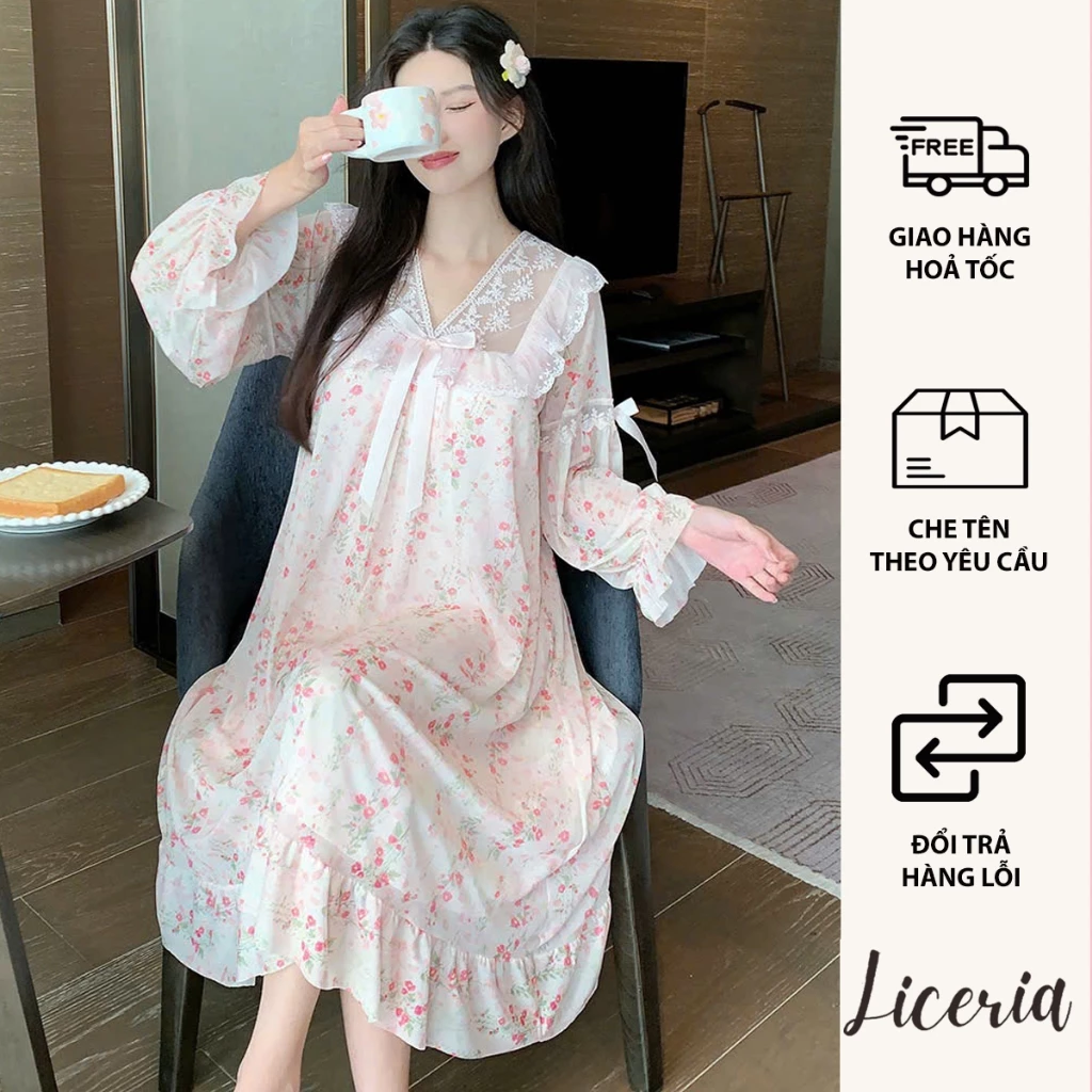 Đầm Ngủ Mặc Nhà CERIA 3521 Dài Tay Có Đệm Ngực Hoa Ren Nơ Lưới Phong Cách Công Chúa