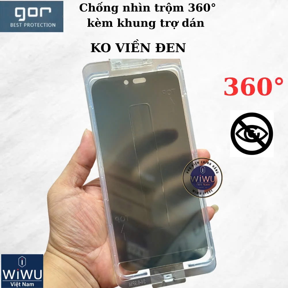 Kính Cường Lực Chống Nhìn Trộm 360 độ Không Viền Đen Cho IPhone 16 Pro Max , 15 Pro Max , 14 Kèm Khung Trợ Dán- Hãng Gor