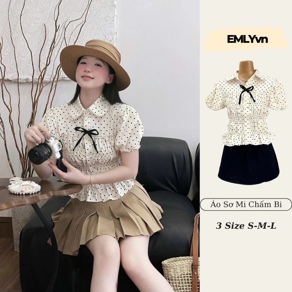 EMLY - Áo Sơ Mi Chấm Bi Nữ Cộc Tay Phối Ren Cổ Sen KÈM NƠ, Áo Sơ Mi Nữ Kiểu Bo Chun Dáng Babydoll