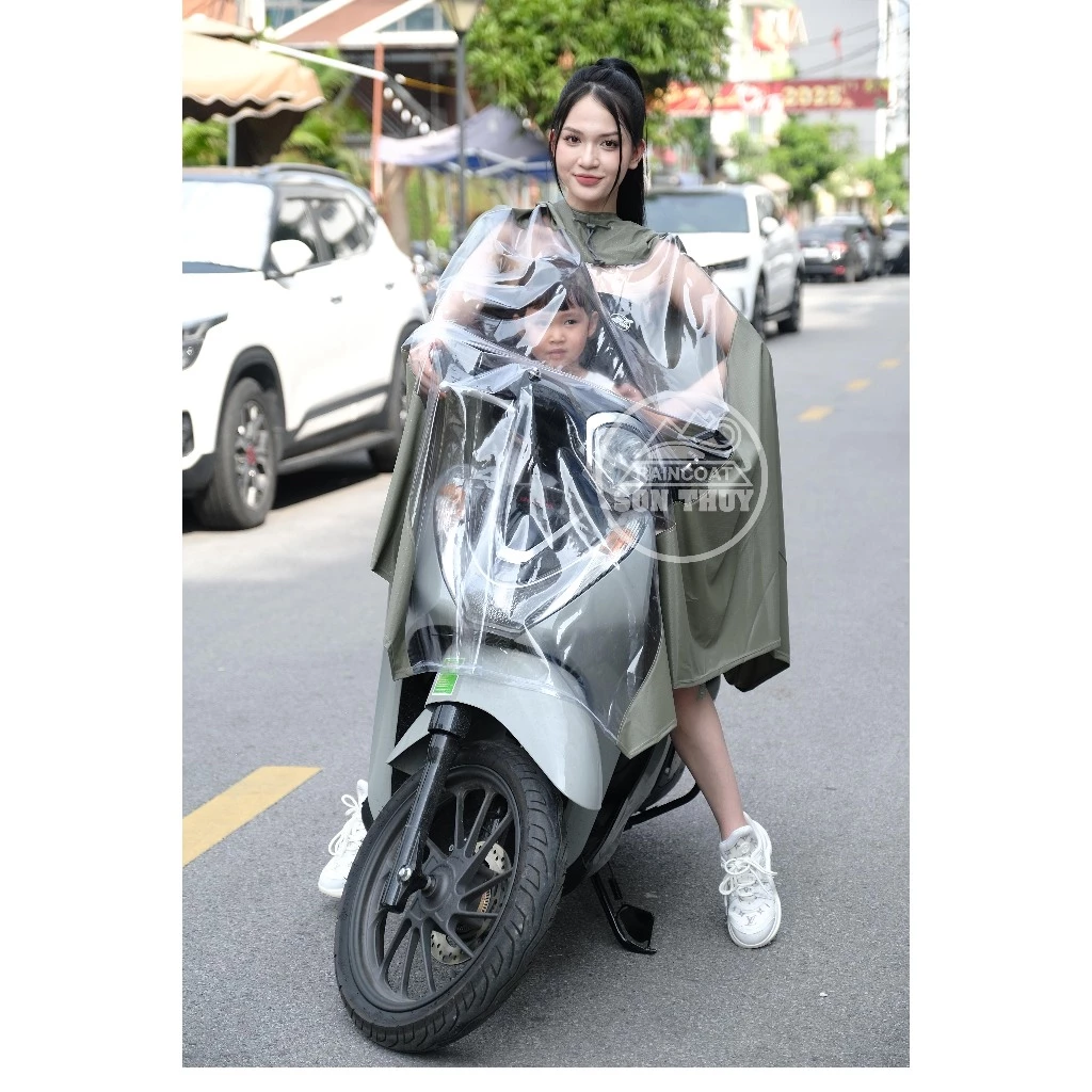 Sơn Thuỷ áo mưa trong suốt nửa trước, tiện lợi quan sát điện thoại, đồng hồ, chở trẻ em phía trước, siêu rộng ST4