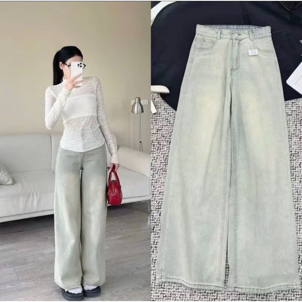 Quần jean suông xanh bạc mài đùi lưng cao chất bò mềm dày dặn
