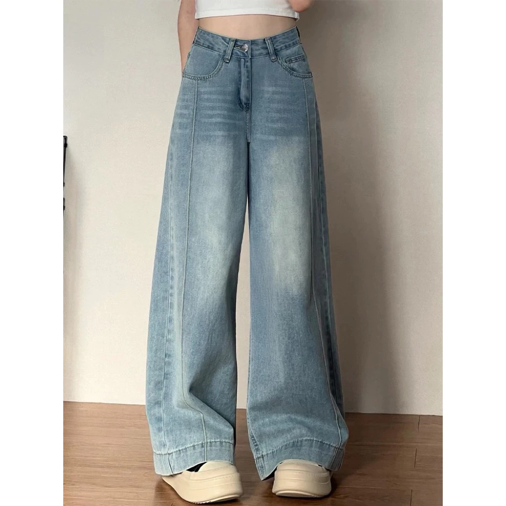 Quần jeans ống rộng gân giữa gấu to cạp cao phom dáng basic dễ phối đồ