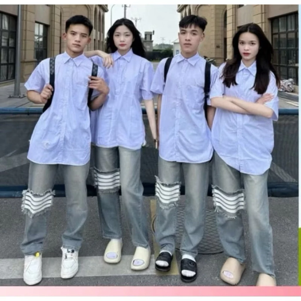 Quần jeans suông mài đùi in vạch gối lưng cao phong cách trẻ trung