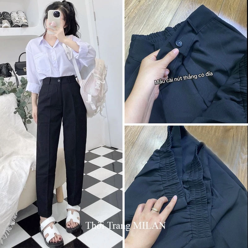 Quần Tây Baggy Lưng Thun Sau Nữ Đi Học M668 Làm Công Sở Cao M50 M55 M60 M65 Dáng Quần Vải Nữ Cạp Chun Cao 1 2 Nút Cài