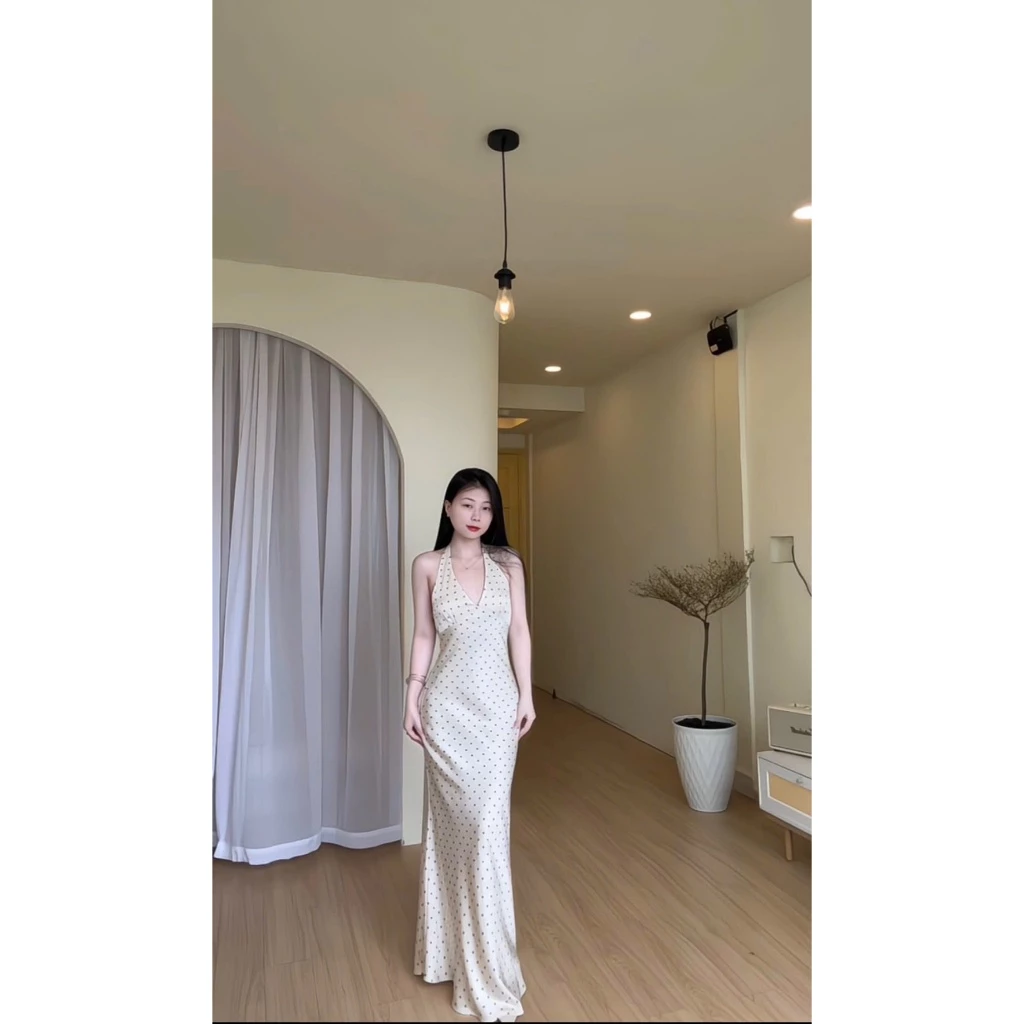 Đầm Lụa Yếm Chấm Bi Form Dài Dự Tiệc, Váy Lụa Bi Hàn Châu 1 Lớp Không Mút,Không Dây Kéo