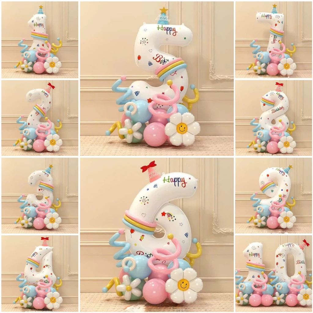 Set Bóng Sinh Nhật Bé Yêu – Bóng Số Pastel Kèm Hoa Mặt Cười