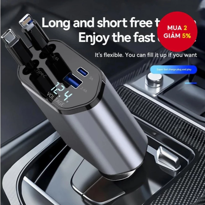 Tẩu sạc nhanh 120W cho ô tô xe máy tích hợp 4 trong 1 dây cáp có thể kéo dài thu gọn an toàn cho xe