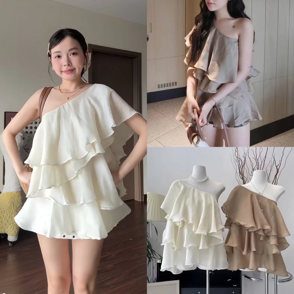(HÀNG L1 CÓ SẴN) Áo kiểu nữ tơ bèo lệch vai xếp tầng tiểu thư 3 màu siêu tây phù hợp cho bữa tiệc, đi cafe