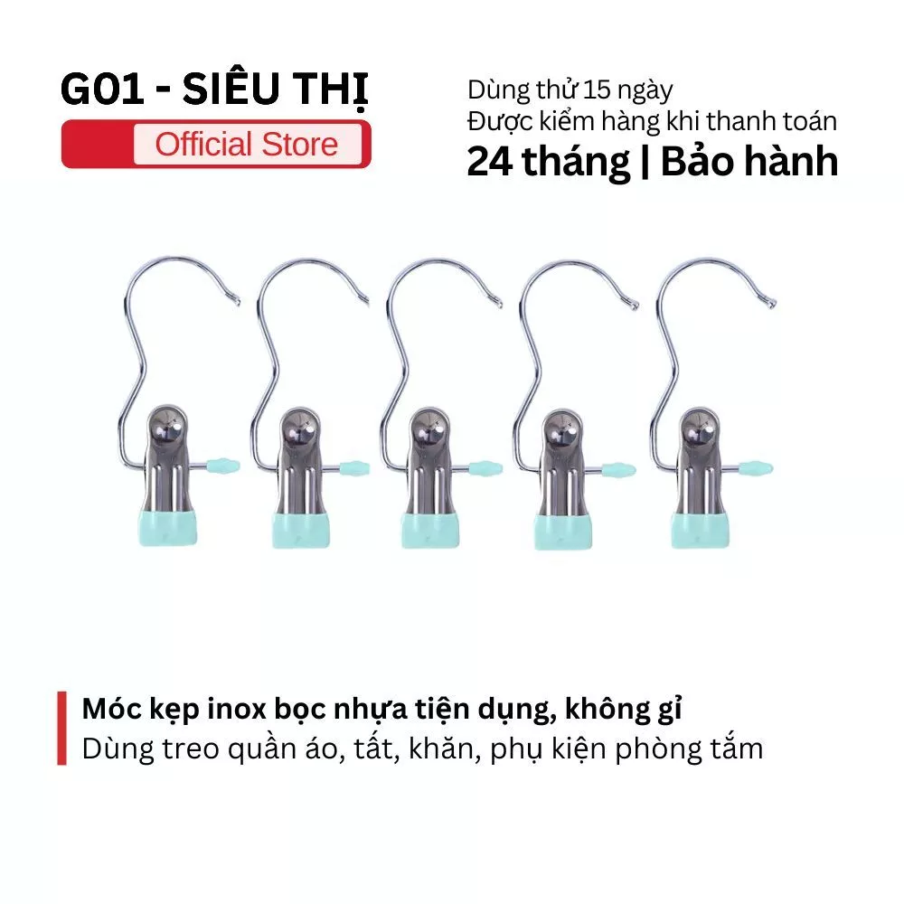 Móc kẹp đơn inox bọc nhựa PVC treo quần áo, phụ kiện tiện ích chắc chắn G01