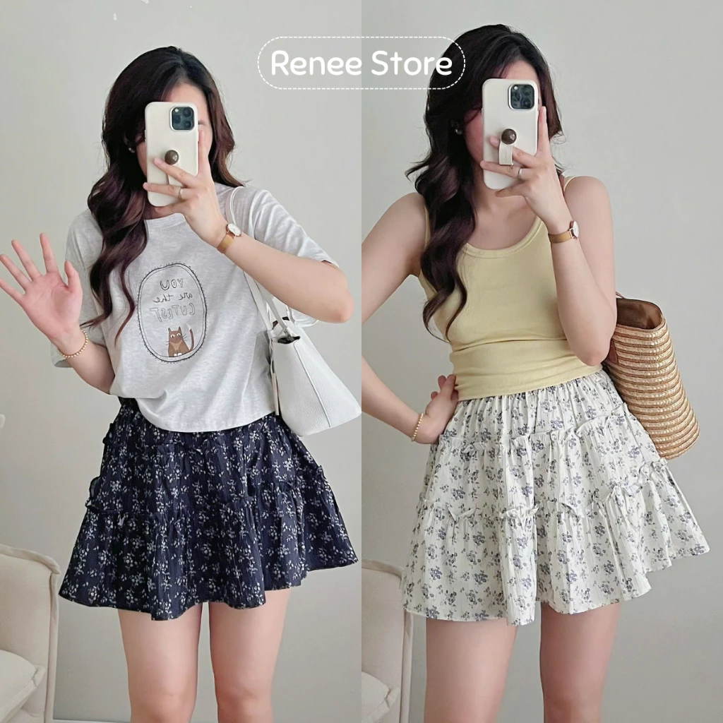 Chân váy họa tiết hoa nhí viền bèo 3 tầng, váy ngắn dáng xòe có lót trong Renee Store - V324