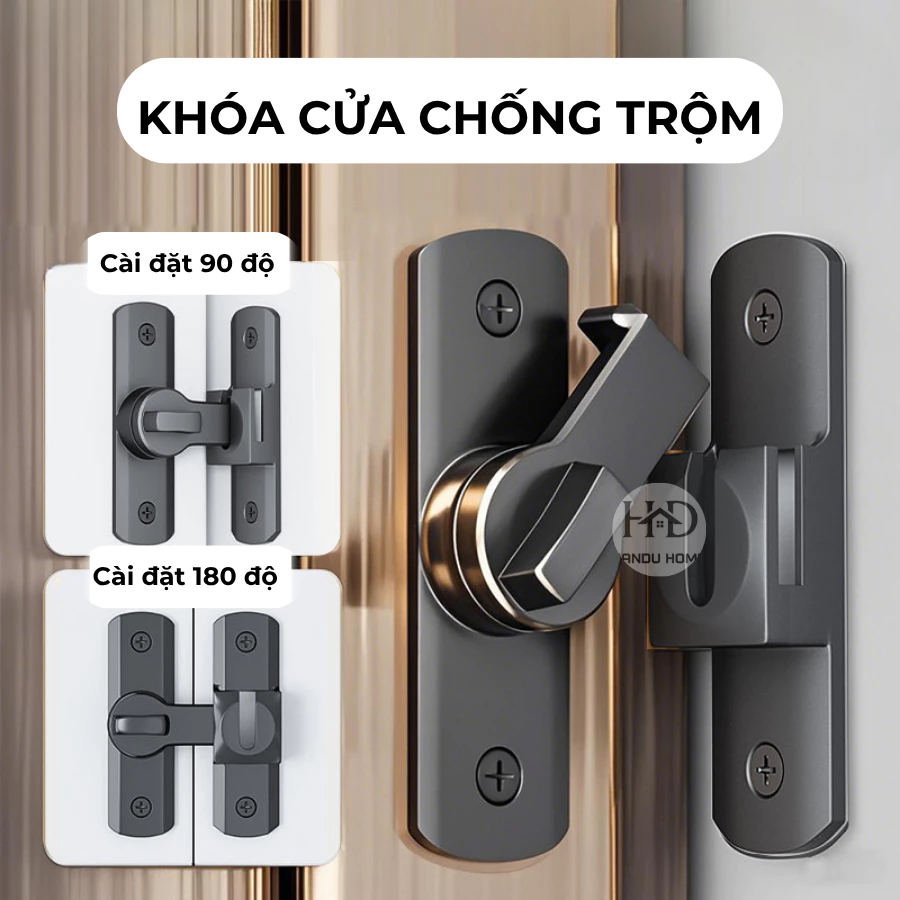 Khóa Chống Trộm, Chốt Khóa Cửa Lùa, Khóa Cửa Trượt Đa Năng - Lắp Đặt 90 - 180 Độ Lắp Góc Linh Hoạt, Chốt Cài An Toàn