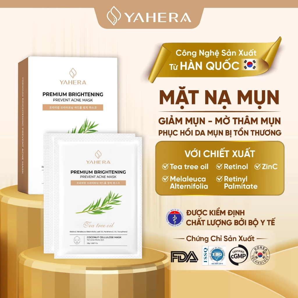 Hộp 10 mặt nạ mụn thạch nước dừa tươi cao cấp YAHERA Premium Brightening Prevent Acne Mask giảm mụn, cấp ẩm, phục hồi da