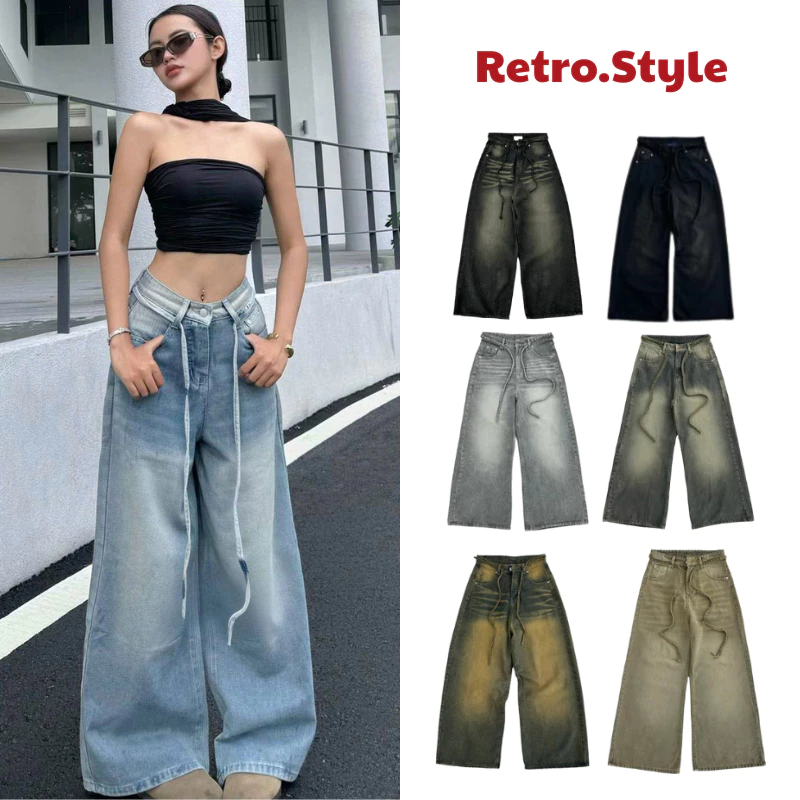PRESET WASH LOOSE PLEAT PANTS - Quần Jean Nữ Retro Ống Suông Rộng Dây Thừng Cạp Cao WHOSE