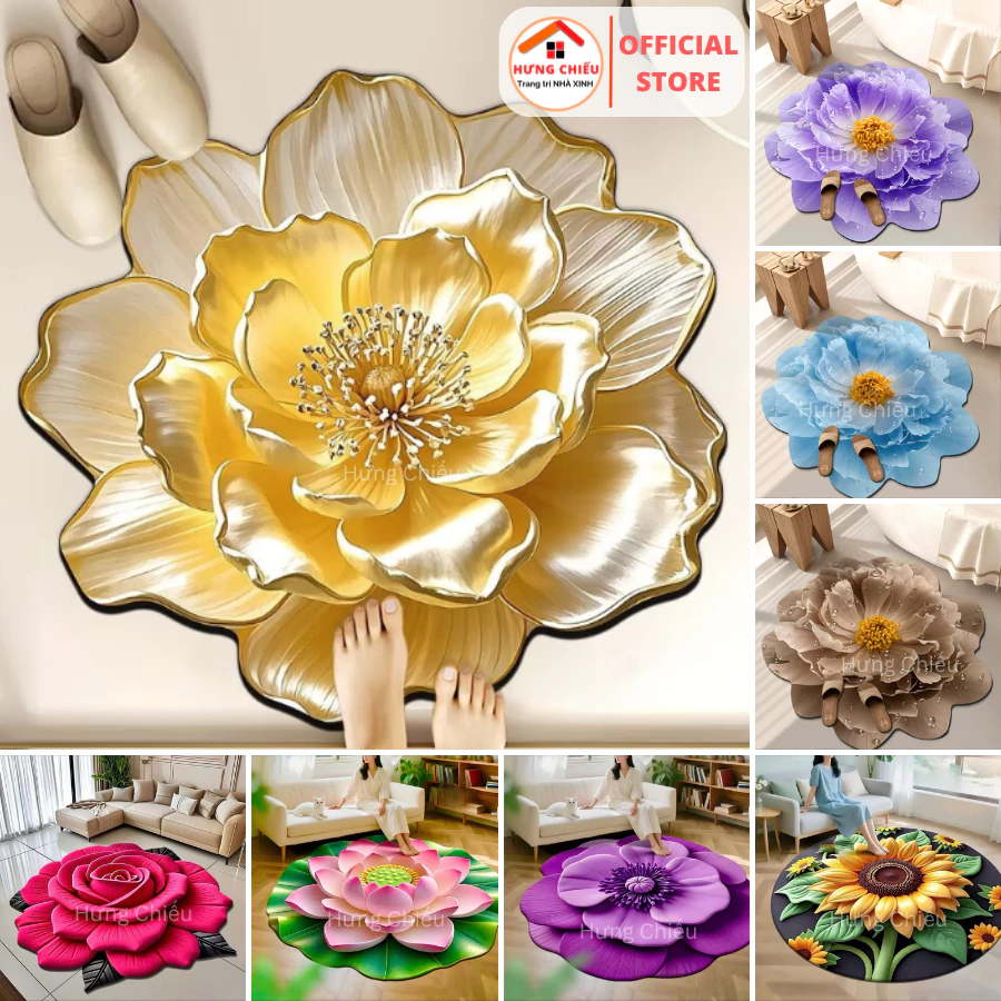 Thảm hoa decor in 6D nỉ lì chống trượt, tròn bo viền cẩn thận, trải phòng khách, phòng ngủ - Hưng Chiếu ED03