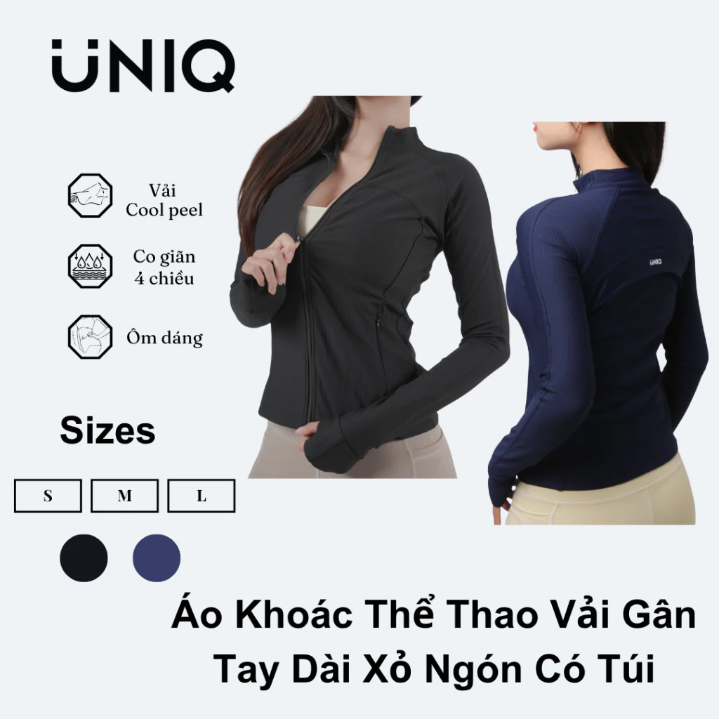 Áo Khoác Thể Thao Nữ UNIQ Vải Thun Gân Dáng Ôm Tay Dài Xỏ Ngón Có Túi