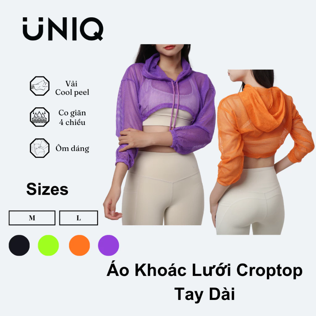 Áo Khoác Lưới Croptop Thể Thao Nữ UNIQ Thoáng Khí Tay Dài Có Mũ