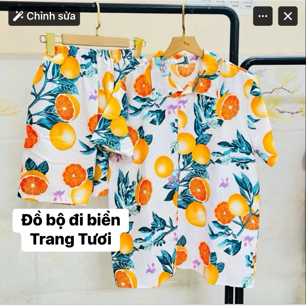 Quần áo đi biển mẫu trái cam chất vải kate thái mềm mại , bộ đi biển cây dừa, bộ đi biển cho gia đình nhóm đủ size