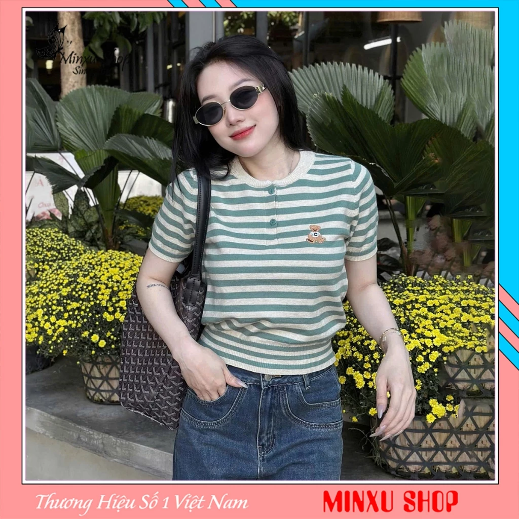 Áo Len Cộc Tay Cổ Tròn 2 Khuy Thêu Gấu Chất Len Mềm Mịn Hàng QC Minxu Shop TA32