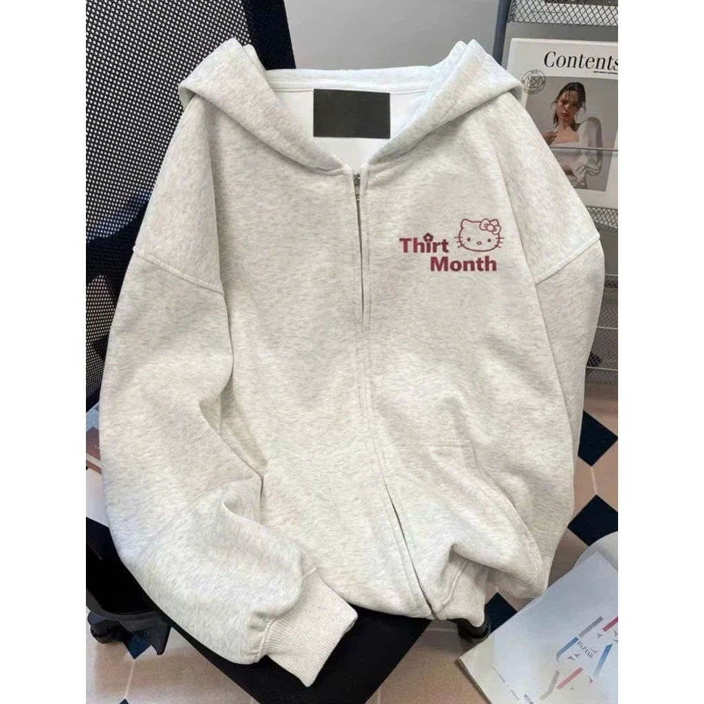 Áo Khoác Nỉ Hoodie Zip Khóa Kéo Mèo THIRT MONTH Có Túi Trong Mũ To 2 Lớp Form Rộng Nam Nữ