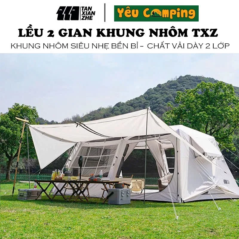 Lều cắm trại tự bung 2 gian TANXIANZHE khung nhôm siêu chắc chắn, vải dày chống thấm tốt