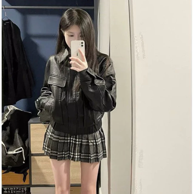 Áo bomber da pu croptop màu đen dáng ngắn thời trang mùa thu đông cho nữ