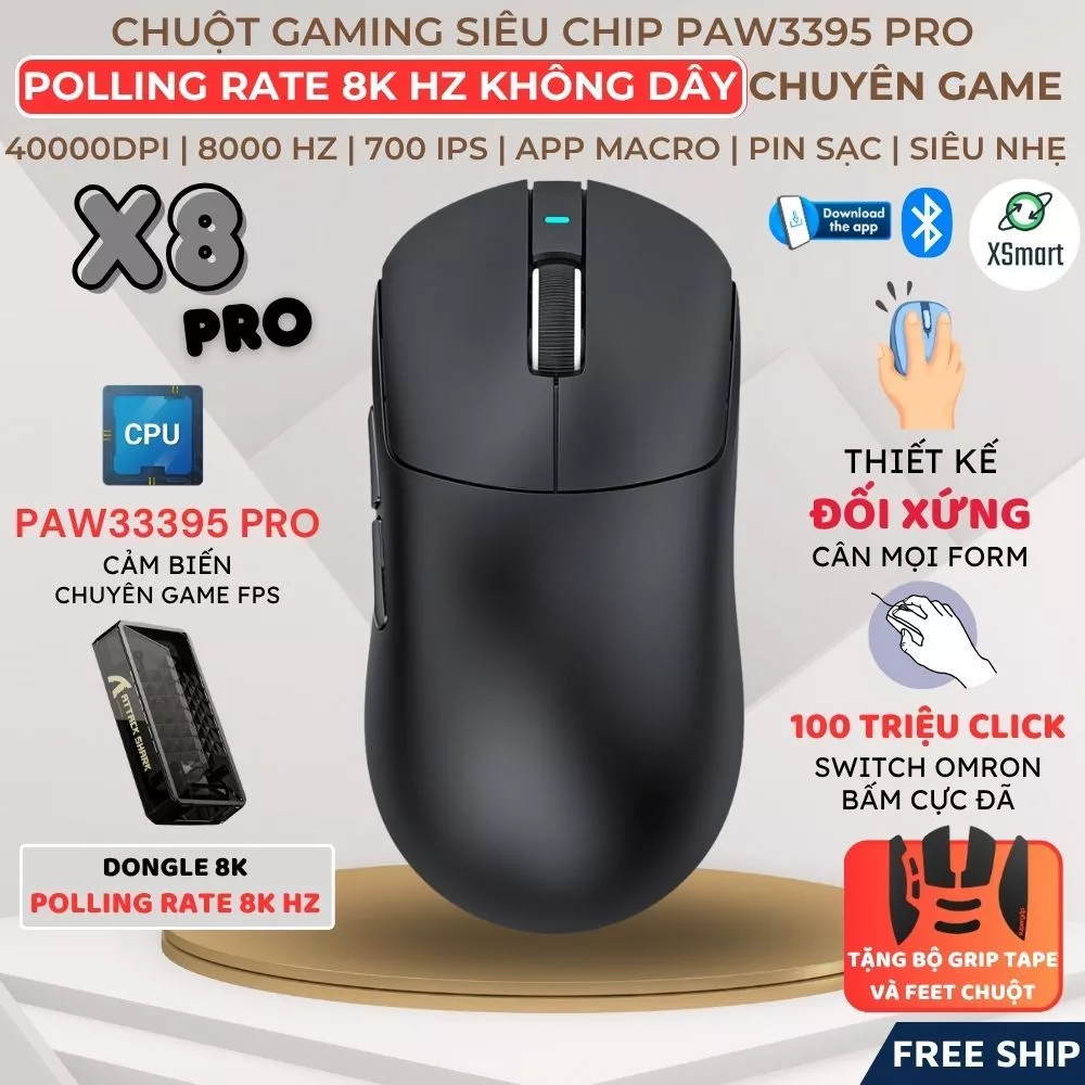 Chuột Gaming Không Dây Attack Shark X8 PRO Chip PAW3395 Pro Polling Rate 8KHz Switch Omron Pin Sạc