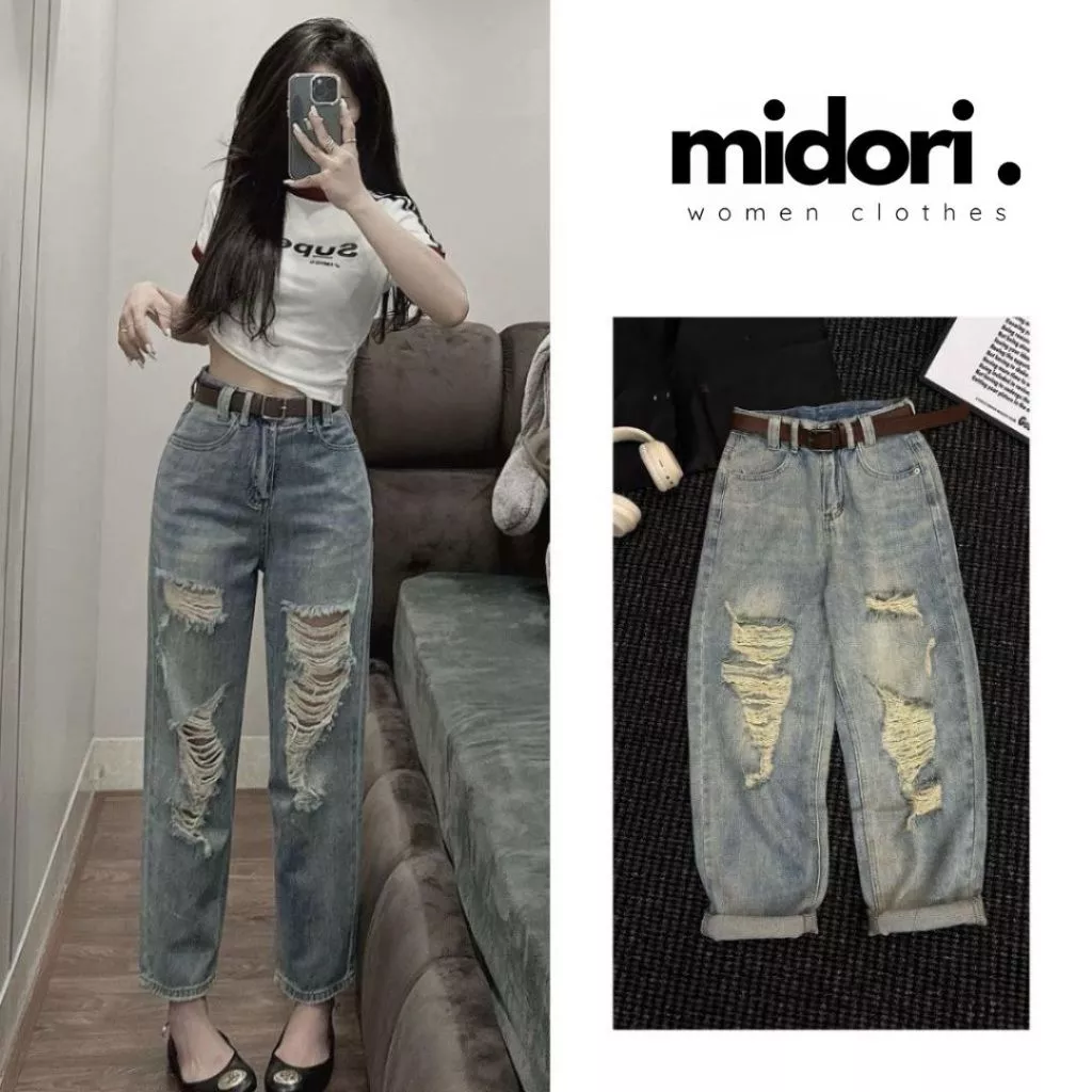 Quần Jean Baggy Nữ Lưng Cao Rách Bụi, Phong Cách Hàn Quốc, Màu Xanh Phong Cách Retro S015