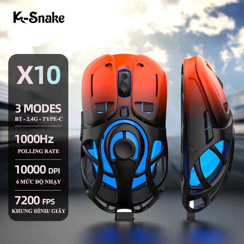Chuột chuyên game K-SNAKE X10 kết nối 3 chế độ BT - 2.4G - TYPE-C độ nhạy lên đến 10000DPI có đèn led 7 màu cực đẹp