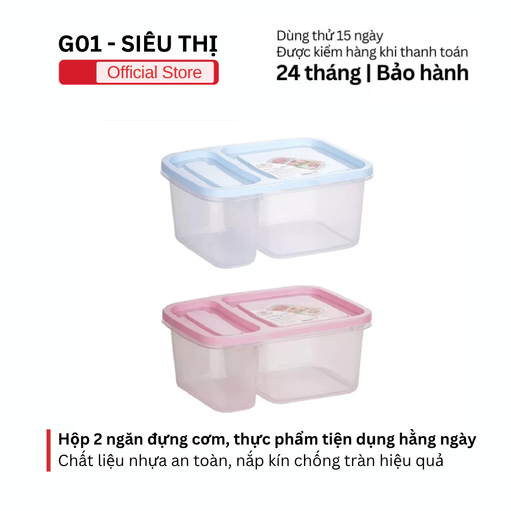 Hộp nhựa 2 ngăn tiện lợi đựng thực phẩm, cơm trưa, có nắp kín chống tràn hiệu quả dễ dàng sử dụng