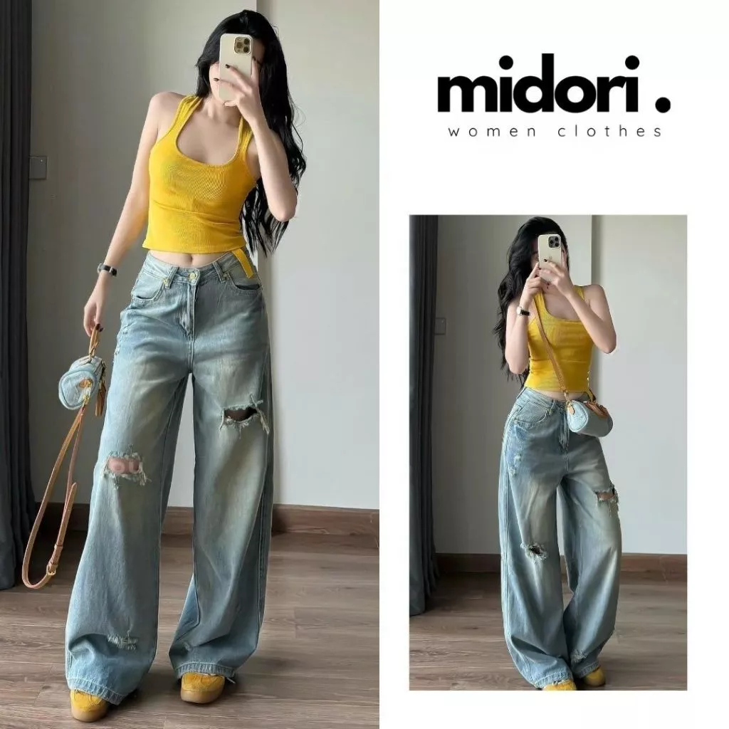 Quần Ống Rộng Rách Gối Cá Tính Màu Trend, Quần Bò Jeans Suông Rách Màu Bụi Vải Mềm MS32
