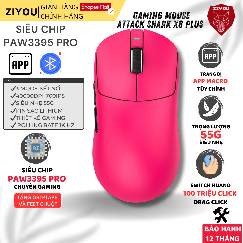 Chuột Không Dây Gaming Ziyou Attack Shark X8 Plus Siêu Nhẹ 55g, Sensor PAW3395 PRO, 1000Hz App Macro