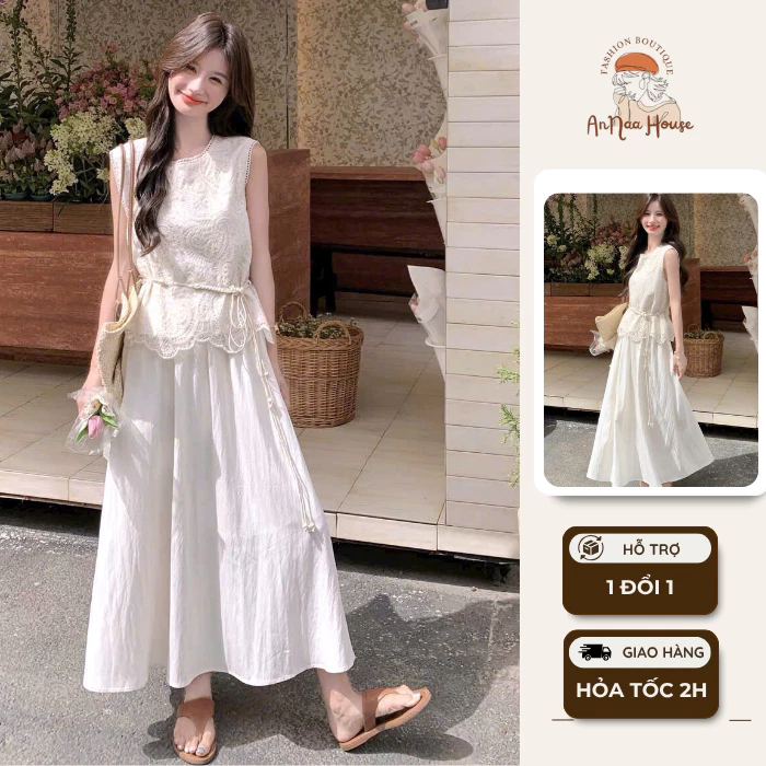 [Tặng kèm Đai] Set váy dài nàng thơ ANNA HOUSE set áo chân váy dài tiểu thư, áo ren kèm váy dáng dài nhẹ nhàng nàng thơ