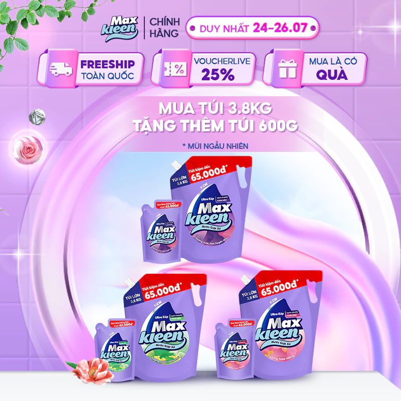 Combo Túi Nước Giặt Xả 3.8kg + Túi Nước Giặt Xả 600g MaxKleen