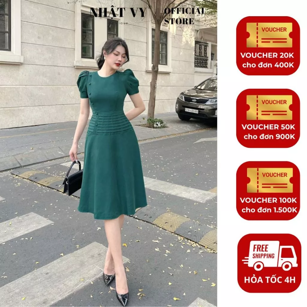 Đầm dự tiệc Nhật Vy đính cúc bọc dập ly dáng xoè chất lụa phù hợp công sở đi chơi sang trọng - D2820