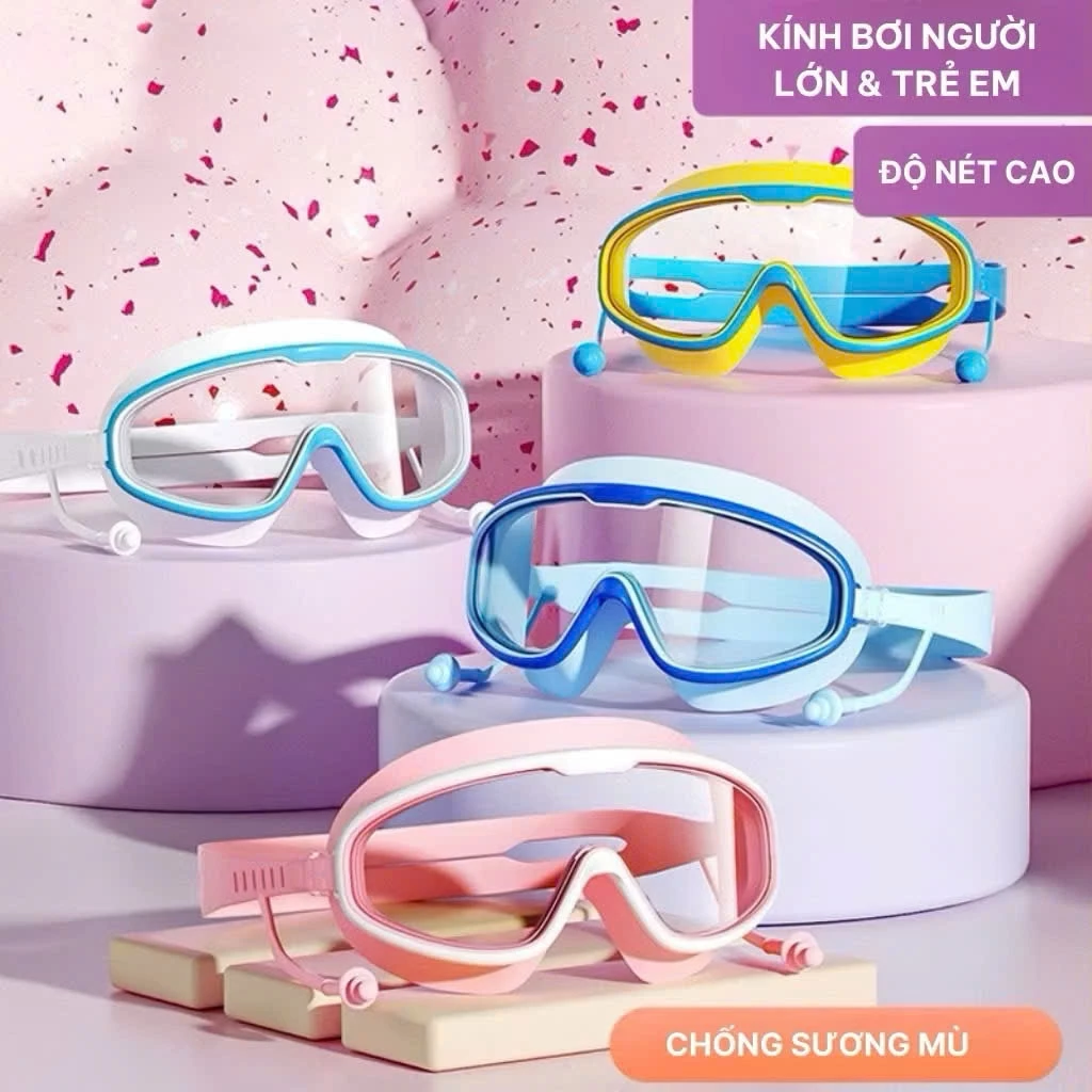 Kính bơi trẻ em và người lớn có nút bịt tai, kính bơi chống  nước sương mù có dây điều chỉnh kích thước