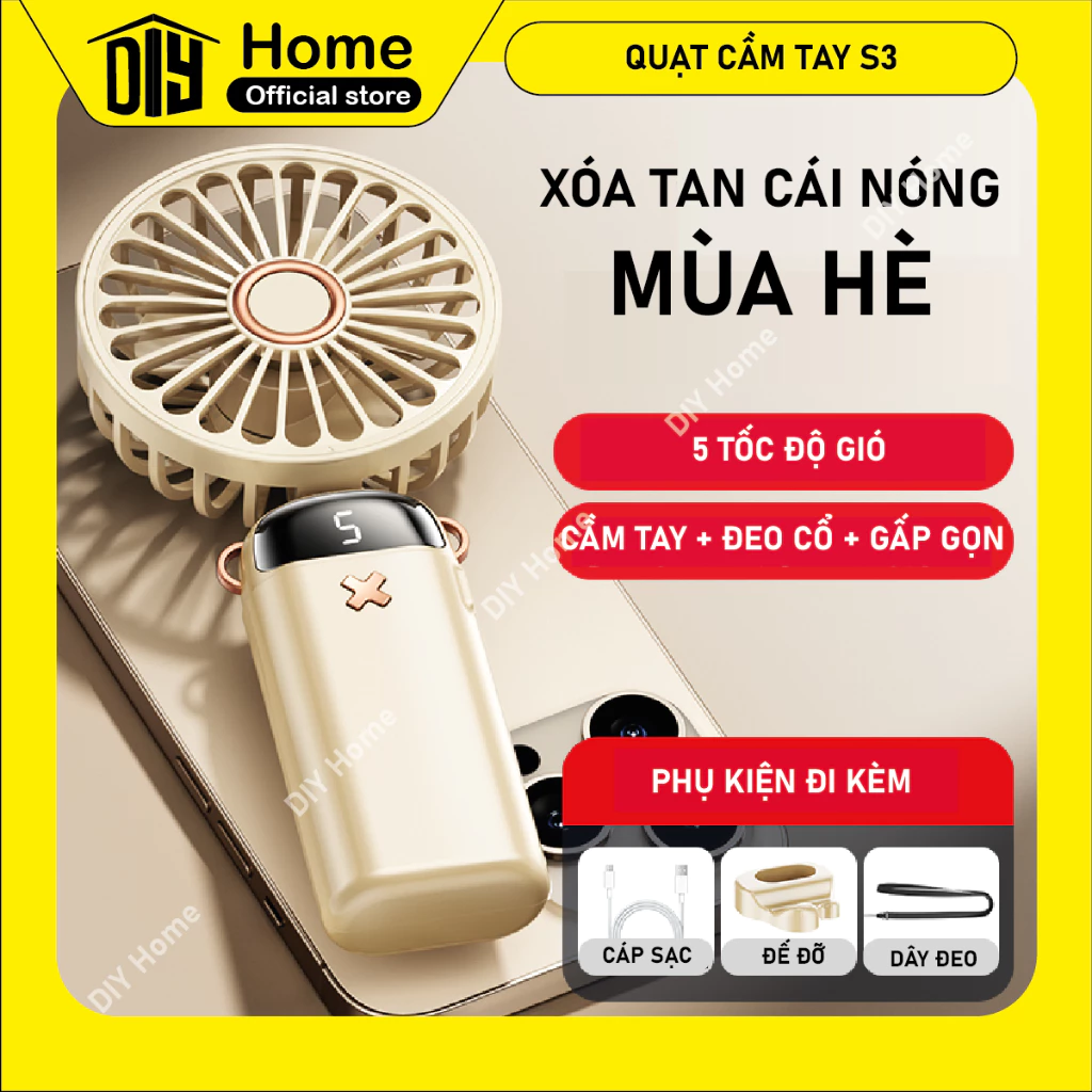 Quạt để bàn S15 cỡ lớn có thể sạc gió mạnh 5 tốc độ tặng kèm đế đỡ, dây đeo