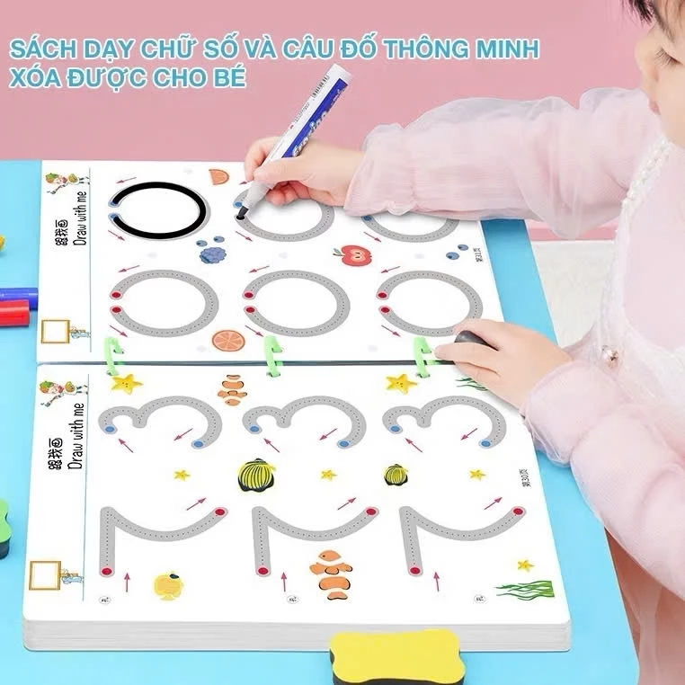 Bộ viết xoá thông minh 64 trang cho bé, combo tập tô vẽ thông minh xoá được tặng kèm bút và bông lau