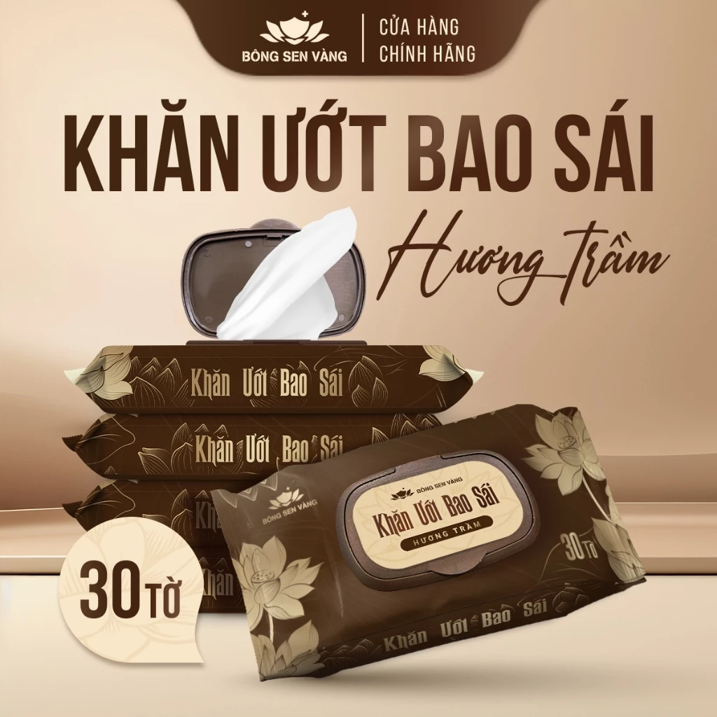 Khăn ướt Bao Sái hương trầm Bông Sen Vàng, làm sạch các vật phẩm thờ cúng