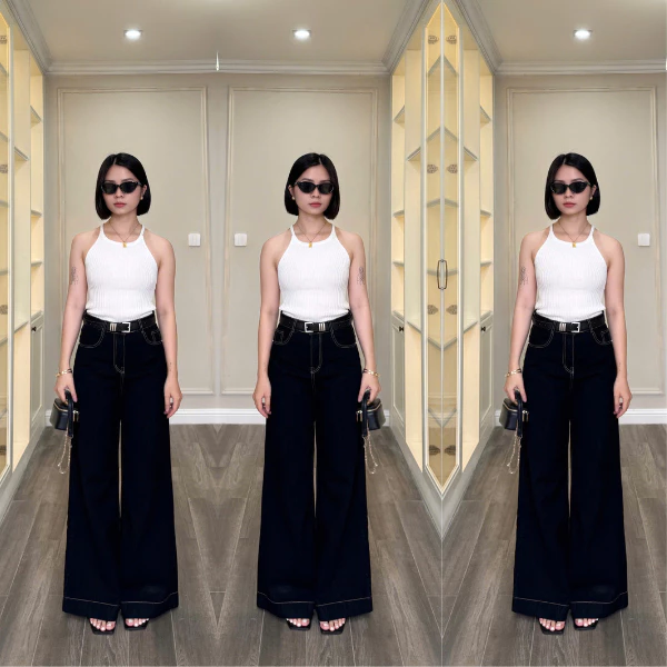 Quần Jean Nữ Suông Ống Rộng Màu Xanh Đen Chỉ Nổi Lai 5cm Lưng Cao (Dài 105cm)