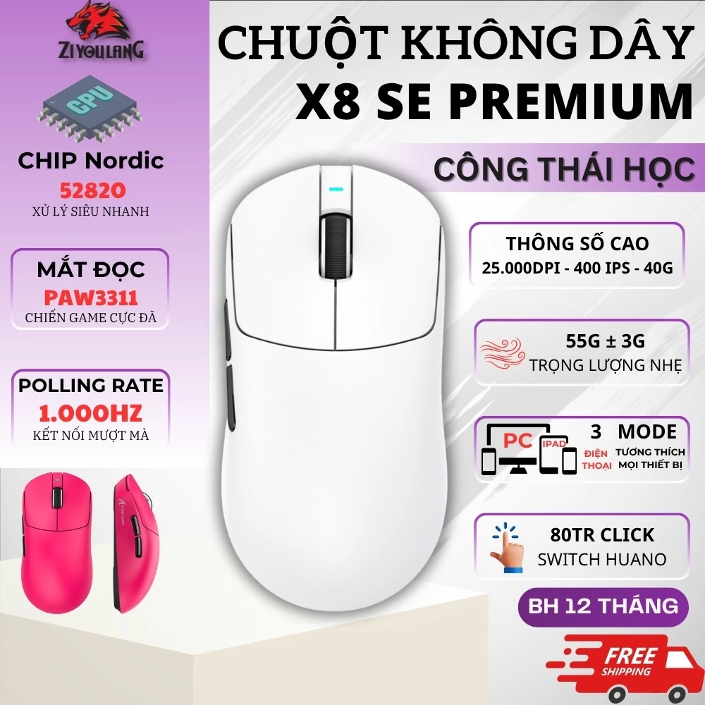 Chuột Gaming Không Dây Attack Shark X8SE Premium - Thiết Kế Đối Xứng, Nâng Cấp Feet Siêu Mượt, App