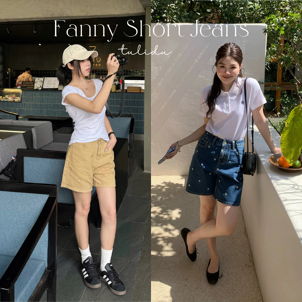 Quần Short Jean "Fanny Bowknot" TULIDU Nữ Cạp Cao Form Rộng Chất Vải Dày Mịn