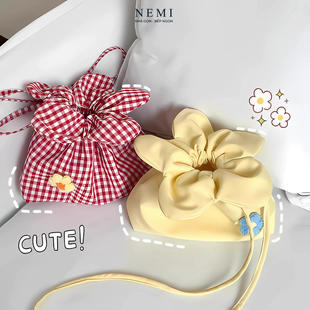 Túi đeo chéo hình bông hoa NEMI phong cách vintage kẻ caro, túi xác dây rút đi biển, dạo phố