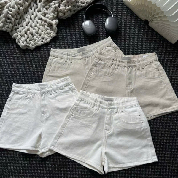 Quần Short Jean Kaki Nữ Túi Trước Kiểu Trắng Be Lưng Cạp Cao Basic
