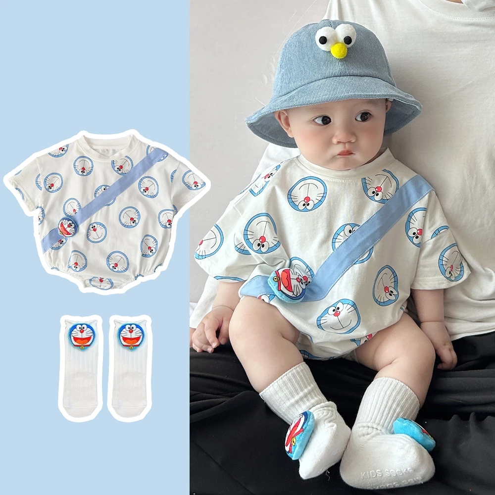 2 chiếc áo liền quần cho bé sơ sinh áo liền quần trẻ em Nhật Bản hoạt hình Doraemon ngắn tay cotton mùa hè cho bé trai