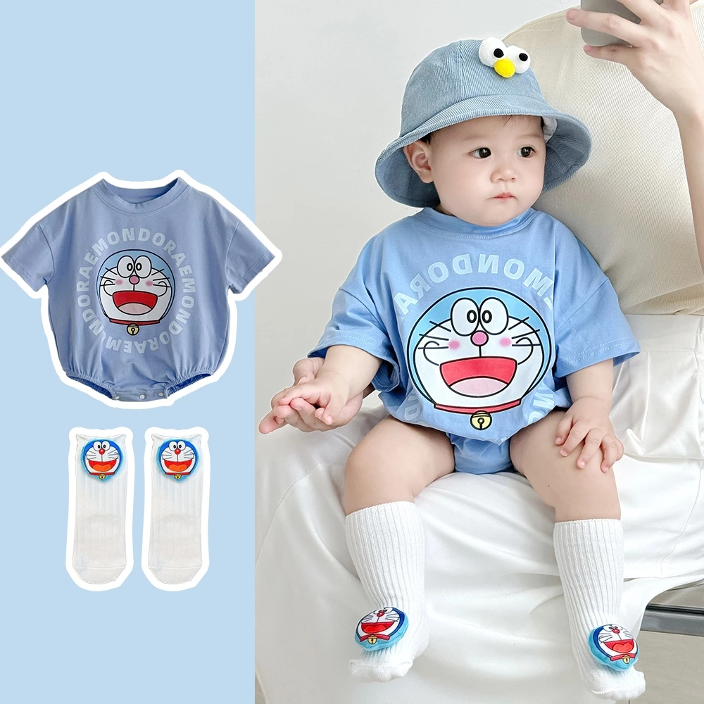 Bộ 2 chiếc áo liền quần cho bé sơ sinh bé trai mùa hè cotton tay ngắn dễ thương hoạt hình Doraemon thích hợp cho 0-24M