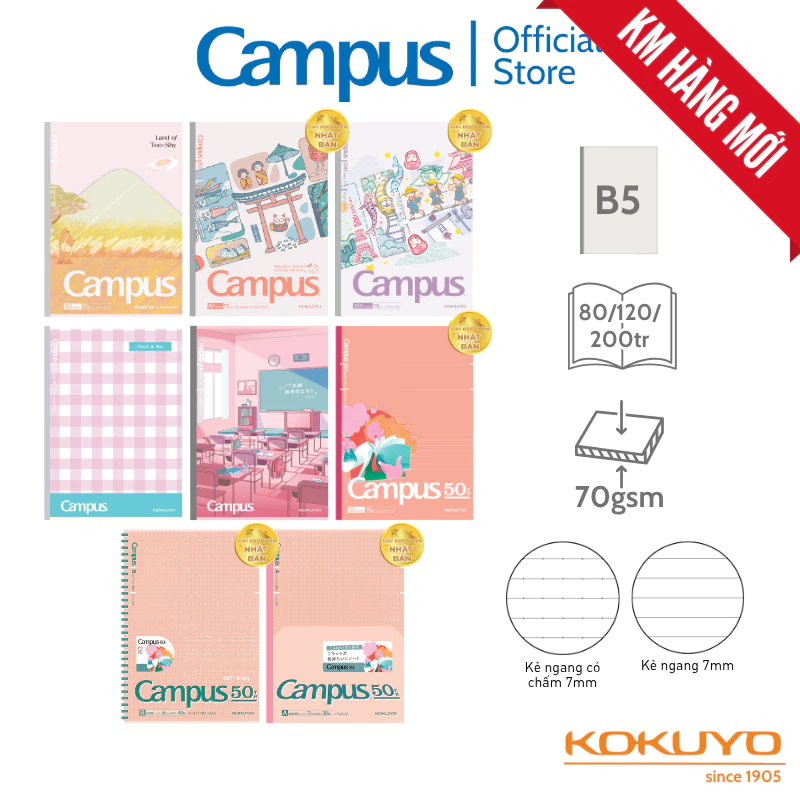 (5q) BST Vở Campus Miền Bắc 𝐦𝐚̀𝐮 𝐡𝐨̂̀𝐧𝐠 Kẻ Ngang Khổ B5 Gáy Keo 80/120/200tr Vở Ghi Chép màu hồng