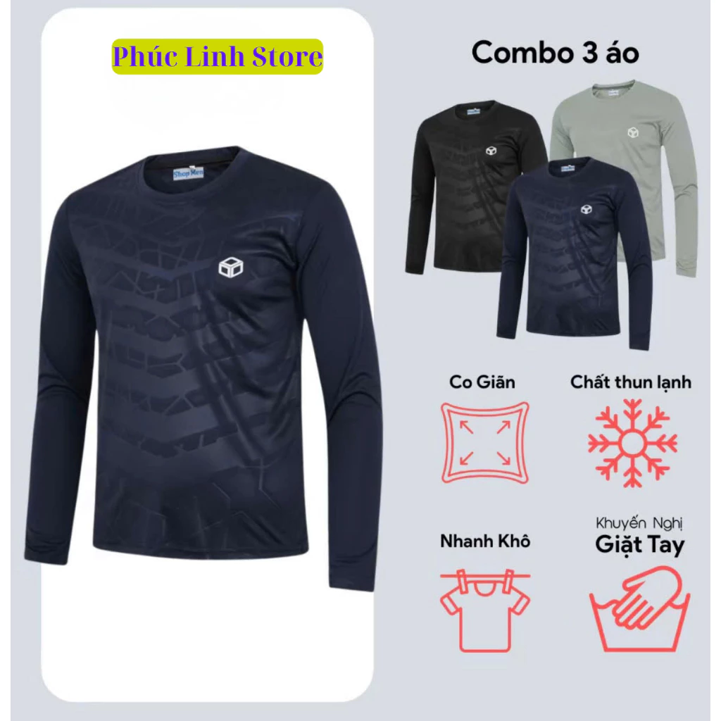 Combo 3 áo thun nam dài tay, chất liệu thun lạnh, co giãn tốt, vân nổi 3D đẹp mắt, logo đẹp, mặc giữ nhiệt, chống nắng.