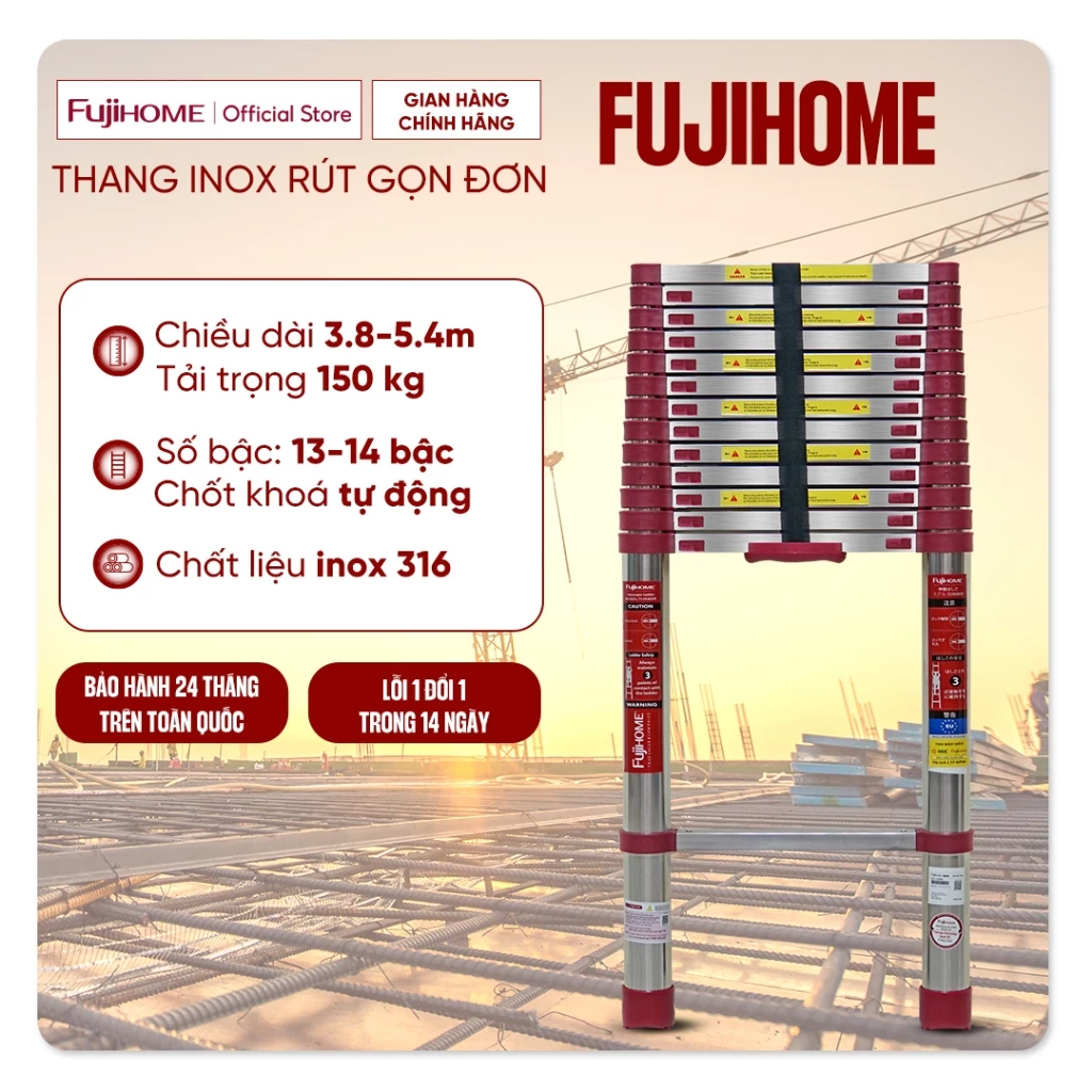 Thang Inox rút đơn 3,8m - 4,4m - 5.4m gấp gọn Nhập Khẩu FUJIHOME, thang rút gọn chữ I chốt tự động telescopic ladder