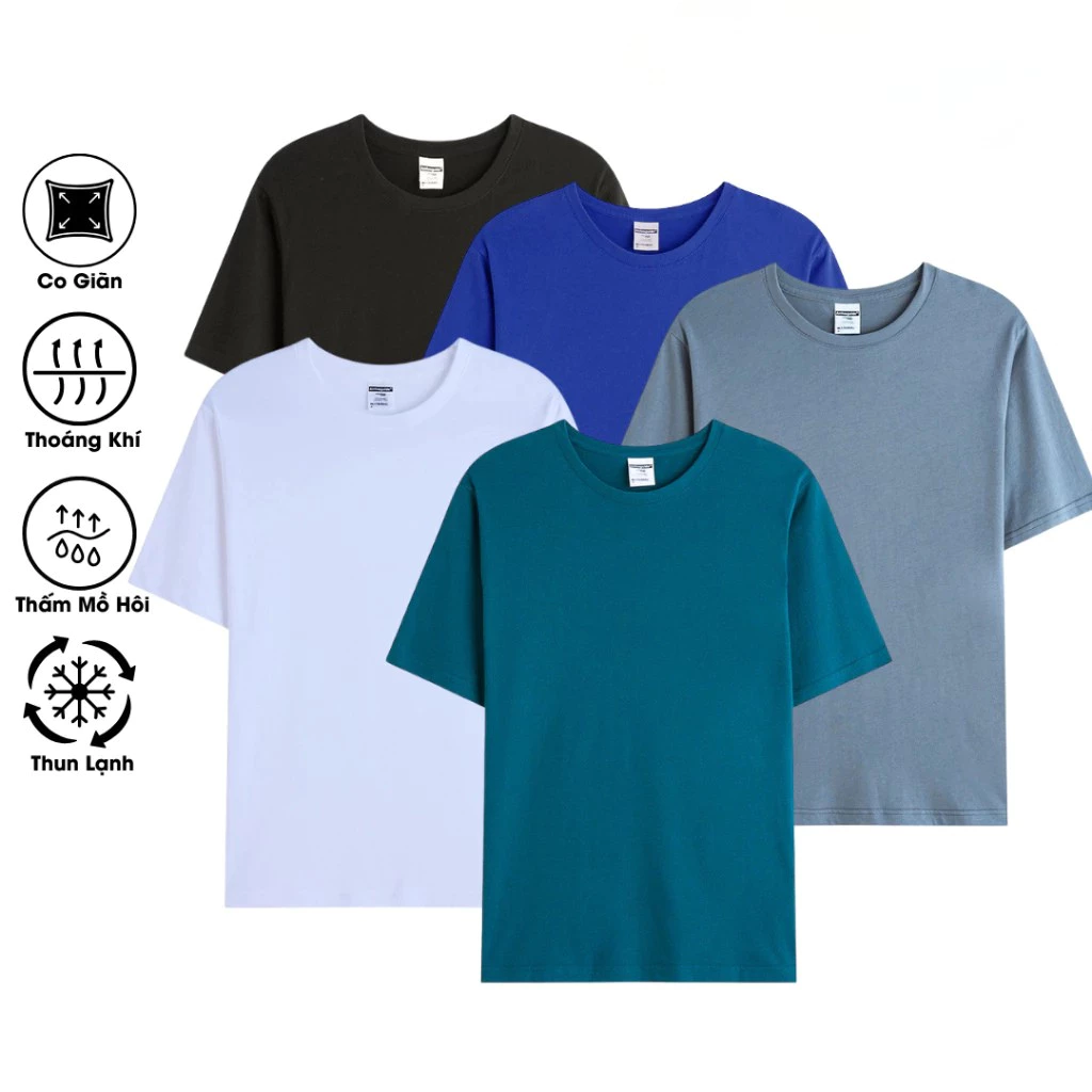Combo 5 áo thun trơn cộc tay cổ tròn vải cotton thun lạnh co giãn 4 chiều, thoáng mát, áo thun basic thể thao năng động.