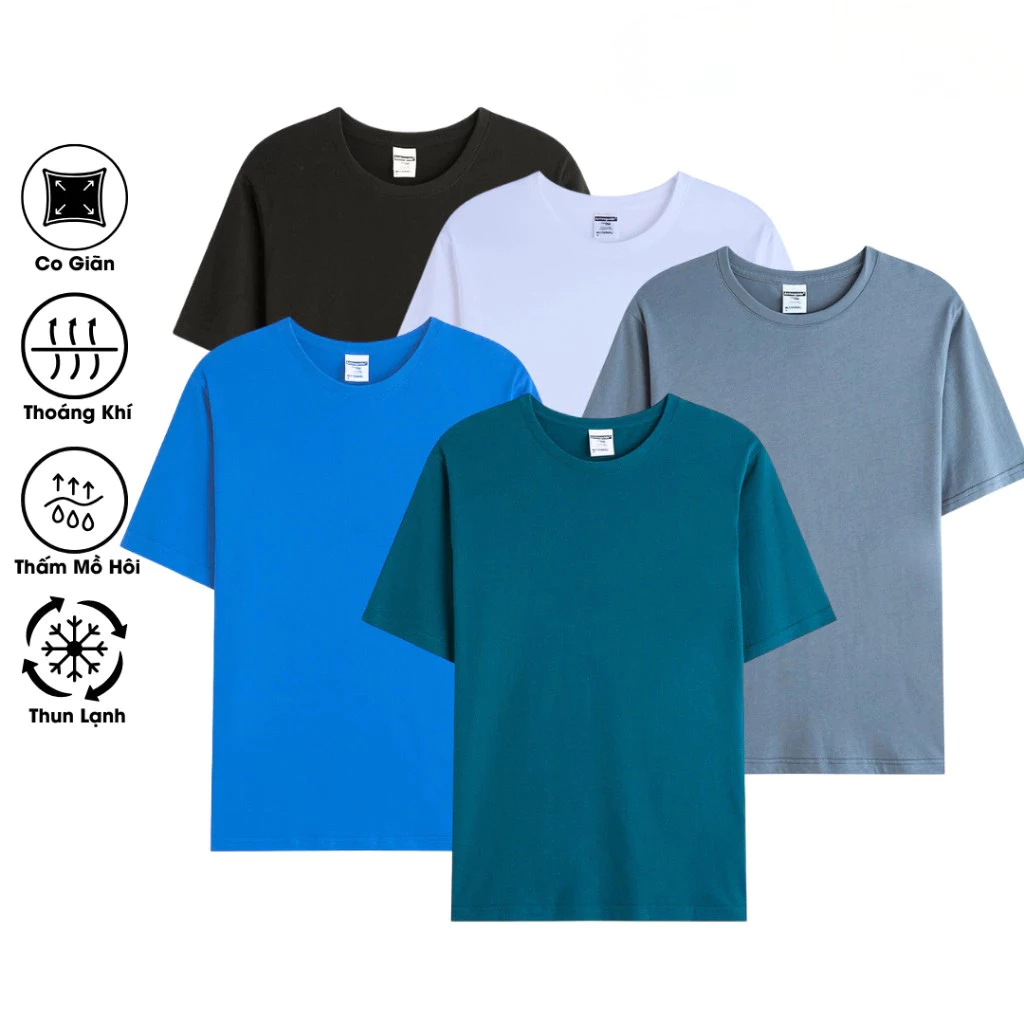 [Giảm giá] Combo 5 áo thun trơn cộc tay cổ tròn vải cotton thun lạnh co giãn 4 chiều, thoáng mát, áo thun basic thể thao